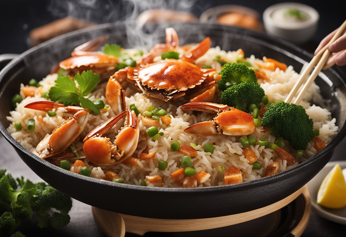 A sizzling wok tosses crab meat, rice, and essential ingredients, filling the air with savory aromas