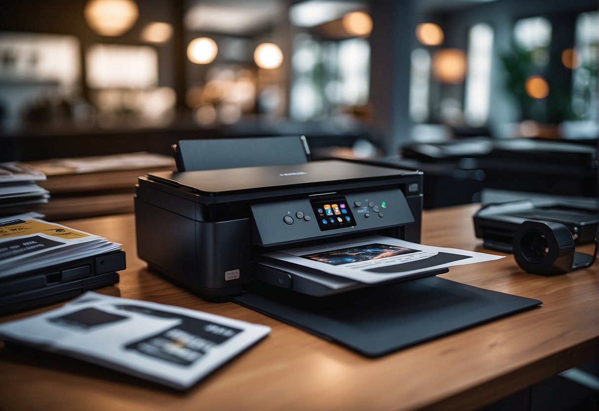 A printer surrounded by promotional materials in Singapore