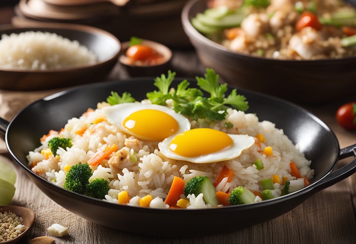 Crab meat sizzling in a hot wok with rice, eggs, and vegetables being tossed and mixed together, creating aromatic and flavorful fried rice