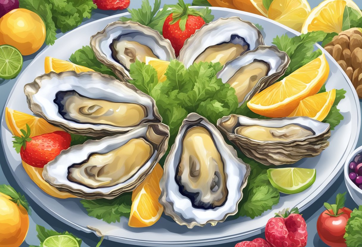 A plate of fresh oysters with a variety of colorful fruits and vegetables, highlighting their nutritional benefits and health effects