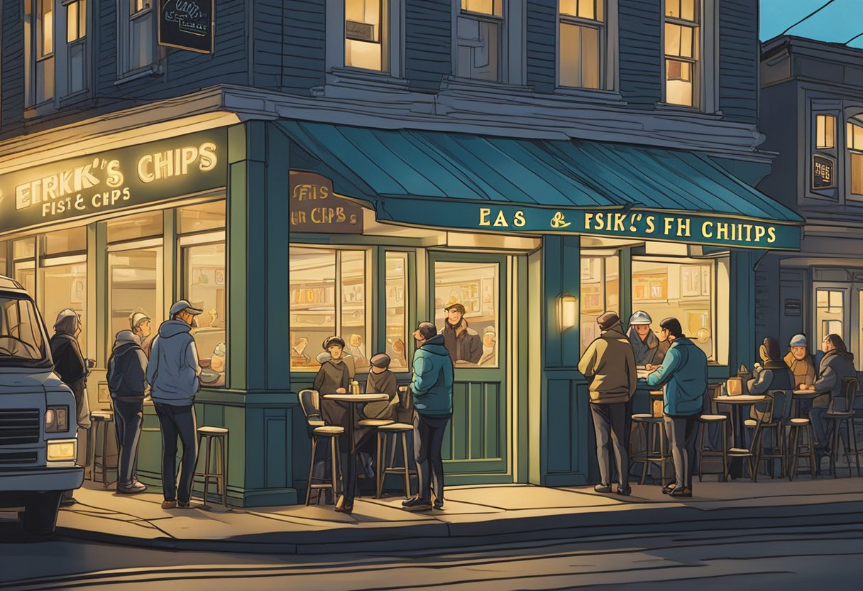 The bustling restaurant's sign reads "Erik's Fish and Chips Queenstown." Customers line up outside under the glow of streetlights, eager for a taste of the popular eatery's offerings