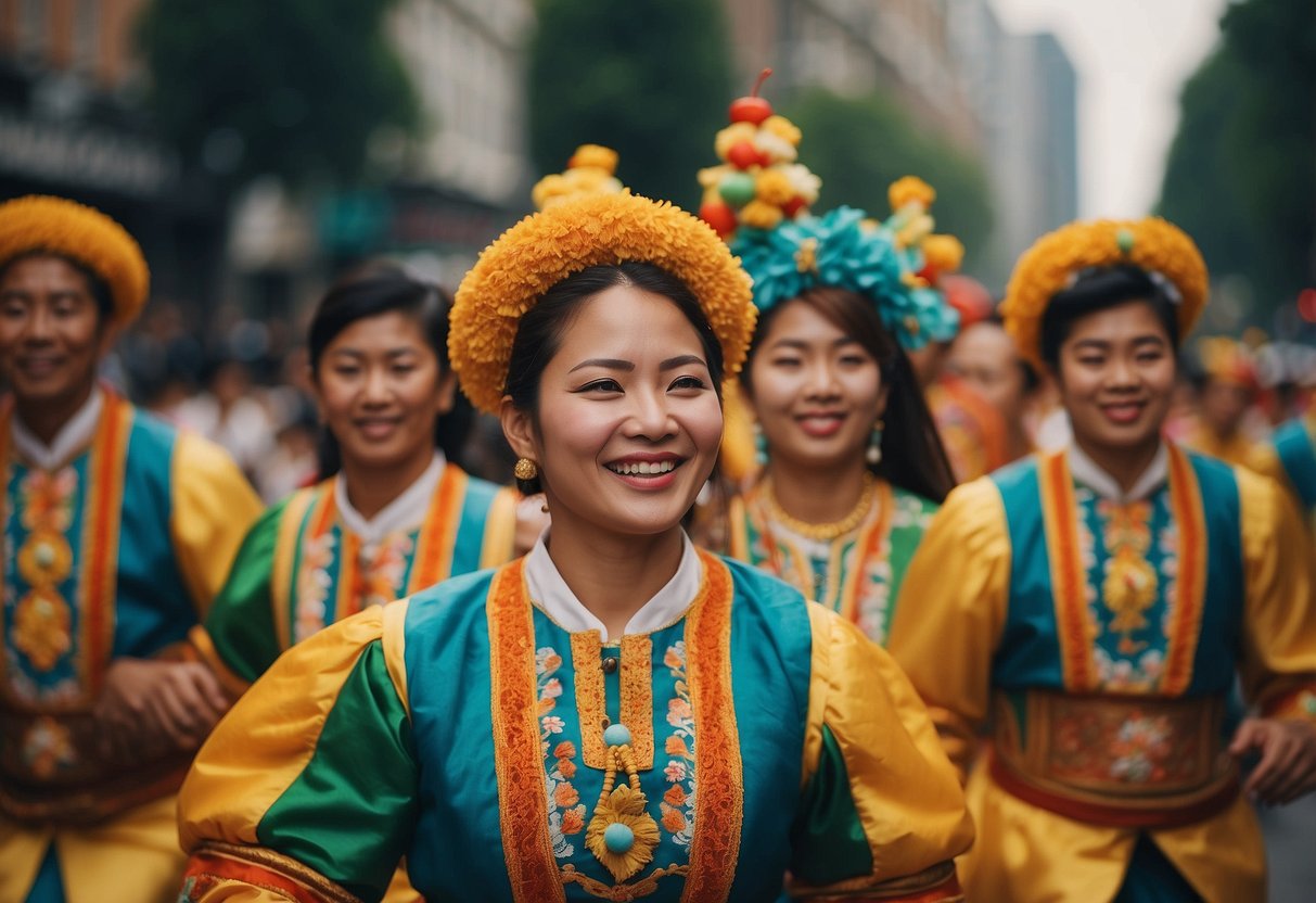 A colorful festival parade with traditional costumes, music, and dancing, surrounded by festive decorations and joyful participants