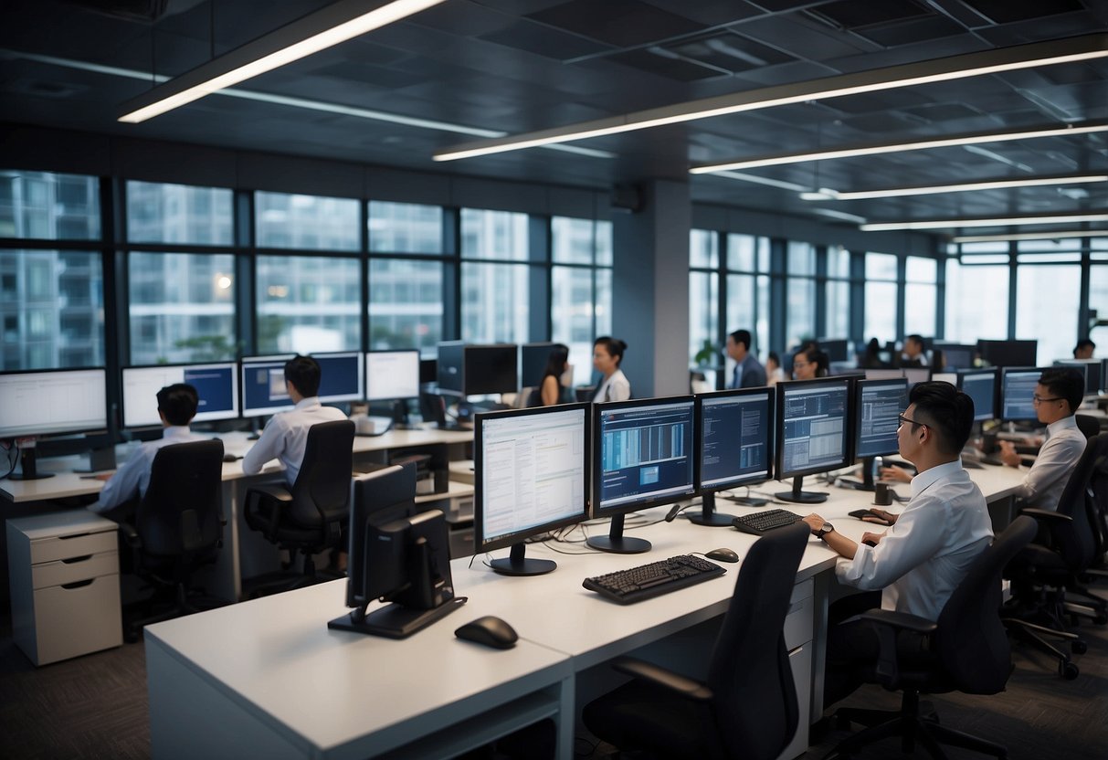 A bustling office with employees utilizing high-speed internet, multiple devices connected to a reliable business broadband network in Singapore