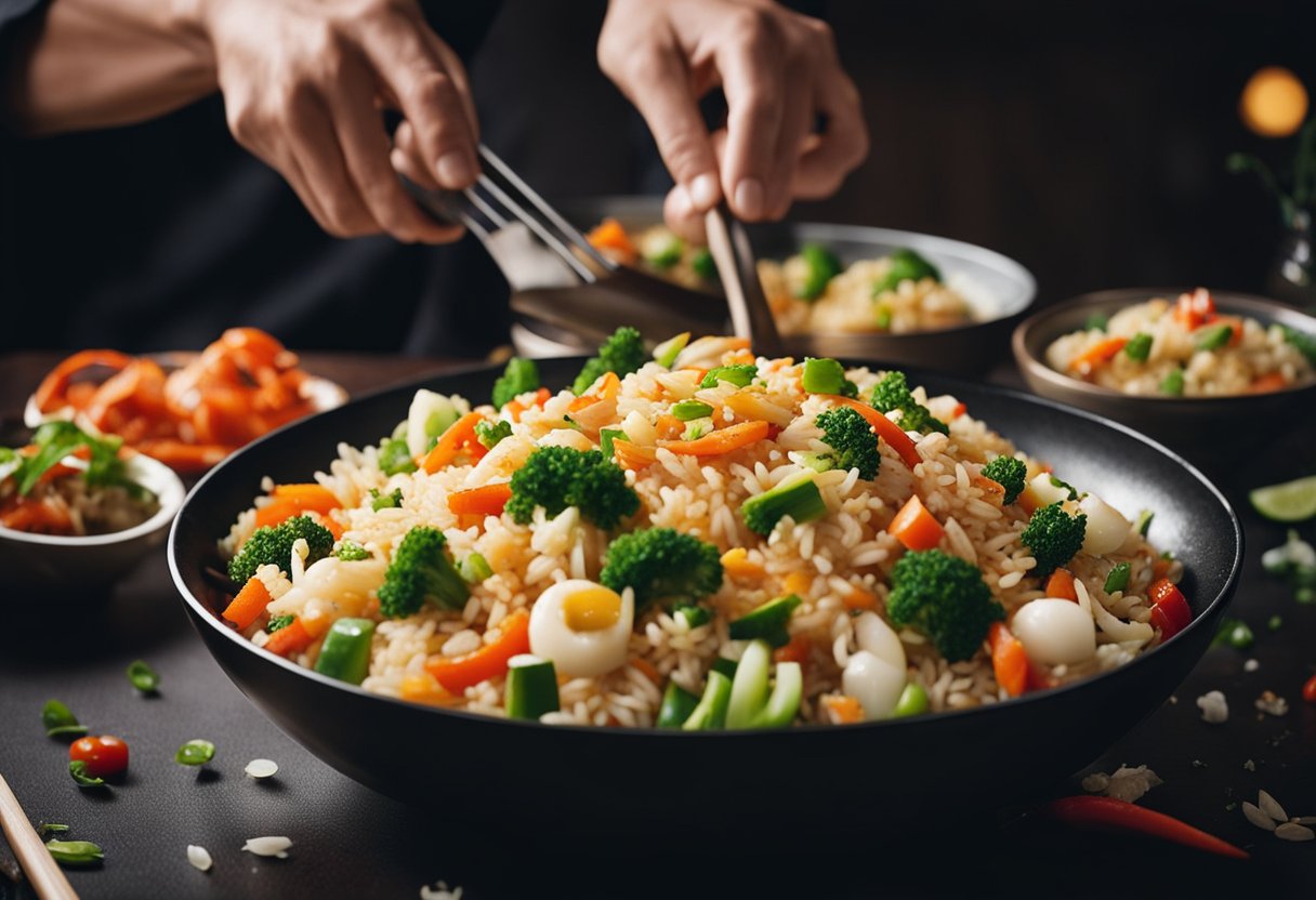 A sizzling wok tosses crab meat and rice with vibrant vegetables, emitting a tantalizing aroma. The chef expertly seasons the dish, creating a mouthwatering fried rice masterpiece