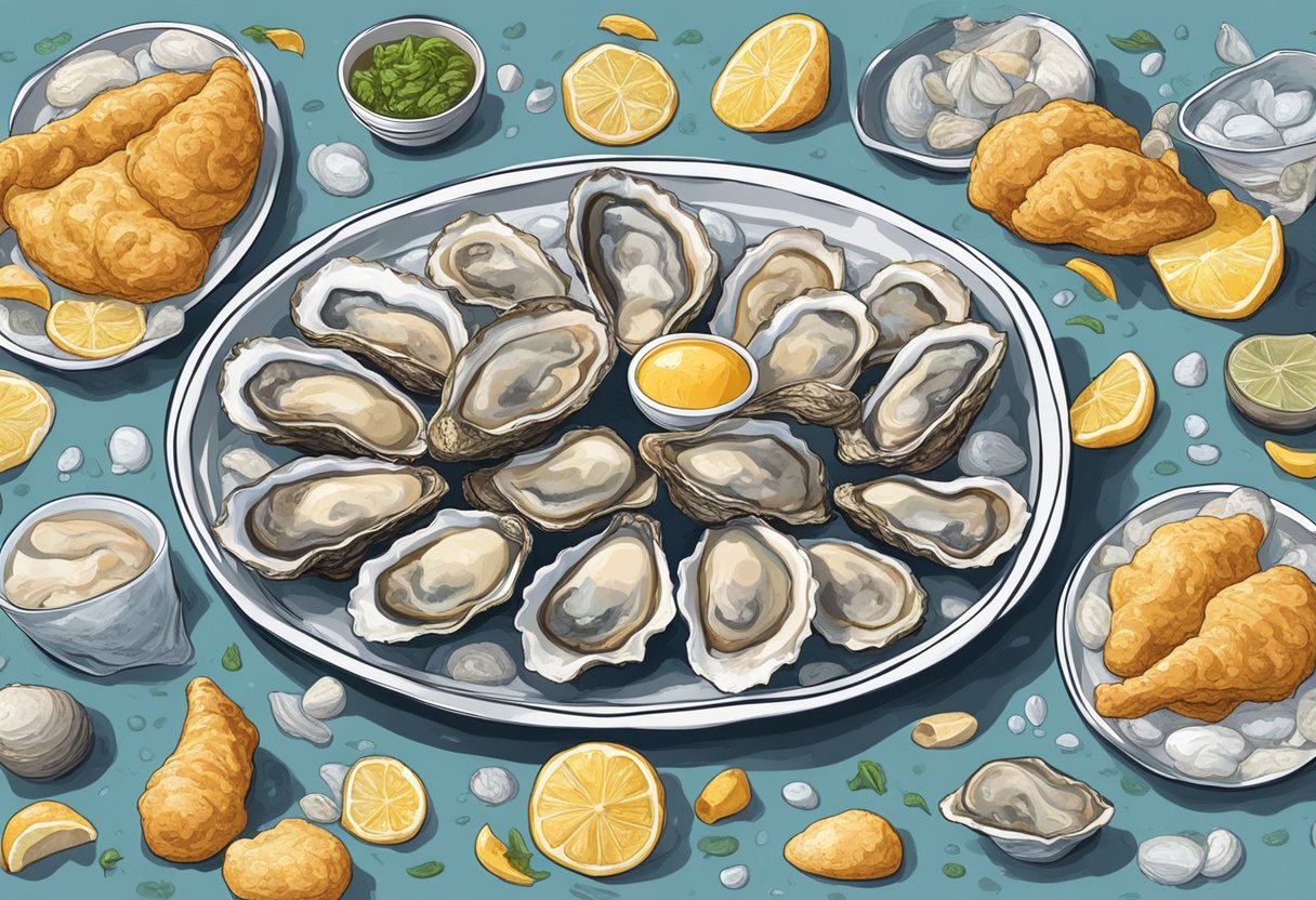 Oysters surrounded by warning signs and symbols of stomach pain, allergies, and food poisoning