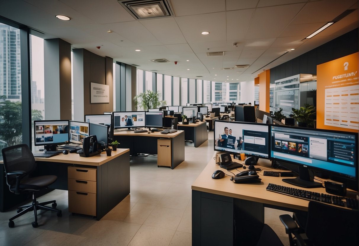 A bustling office with a prominent "Frequently Asked Questions" sign, surrounded by various business broadband promotion posters in Singapore