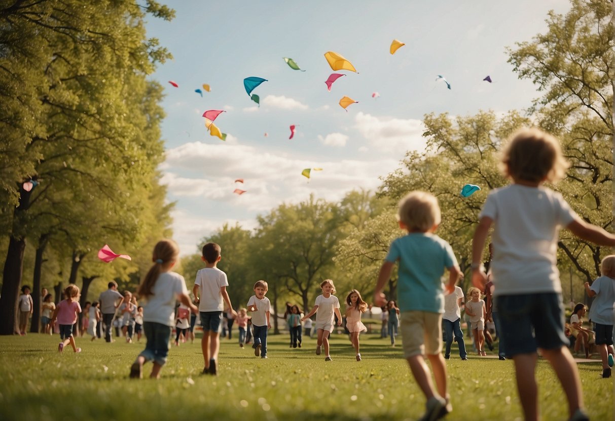 Children flying kites in a windy park, while others play soccer and families have picnics under blossoming trees