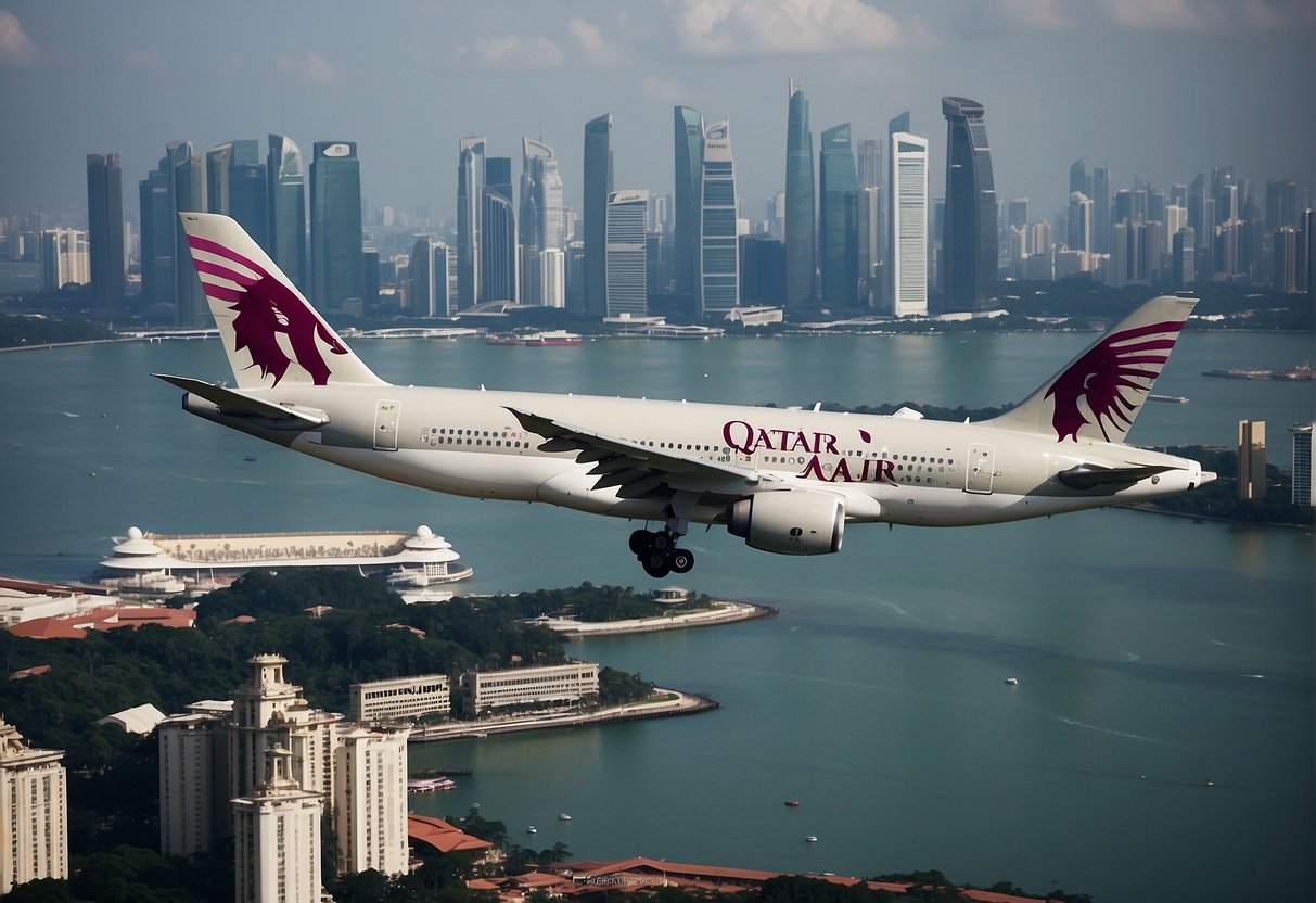 A Qatar Airlines plane flying over the iconic skyline of Singapore, with promotional banners and advertisements visible from the aircraft's windows