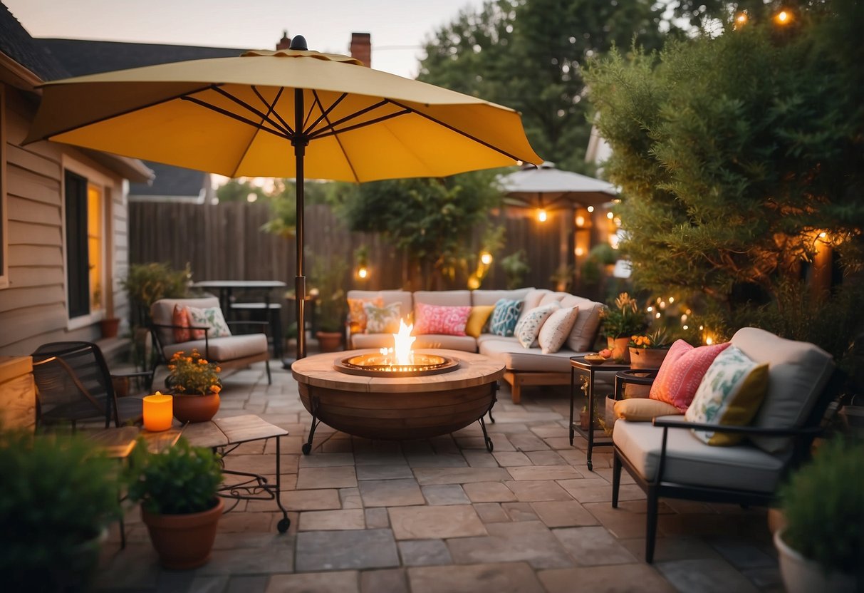 A cozy outdoor patio with string lights, comfortable seating, potted plants, and a small fire pit. A table with a colorful umbrella and a serving cart with drinks and snacks complete the inviting space