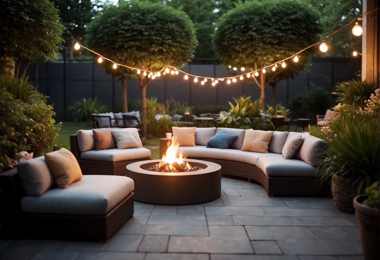 A cozy outdoor patio with stylish furniture, soft cushions, and warm lighting. A fire pit adds ambiance while lush greenery surrounds the space