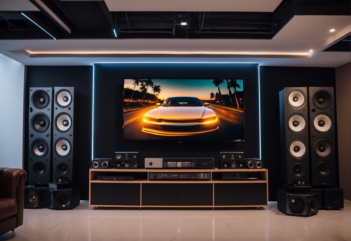 A car audio store in Singapore with promotional banners, speakers, and a display of car stereo systems
