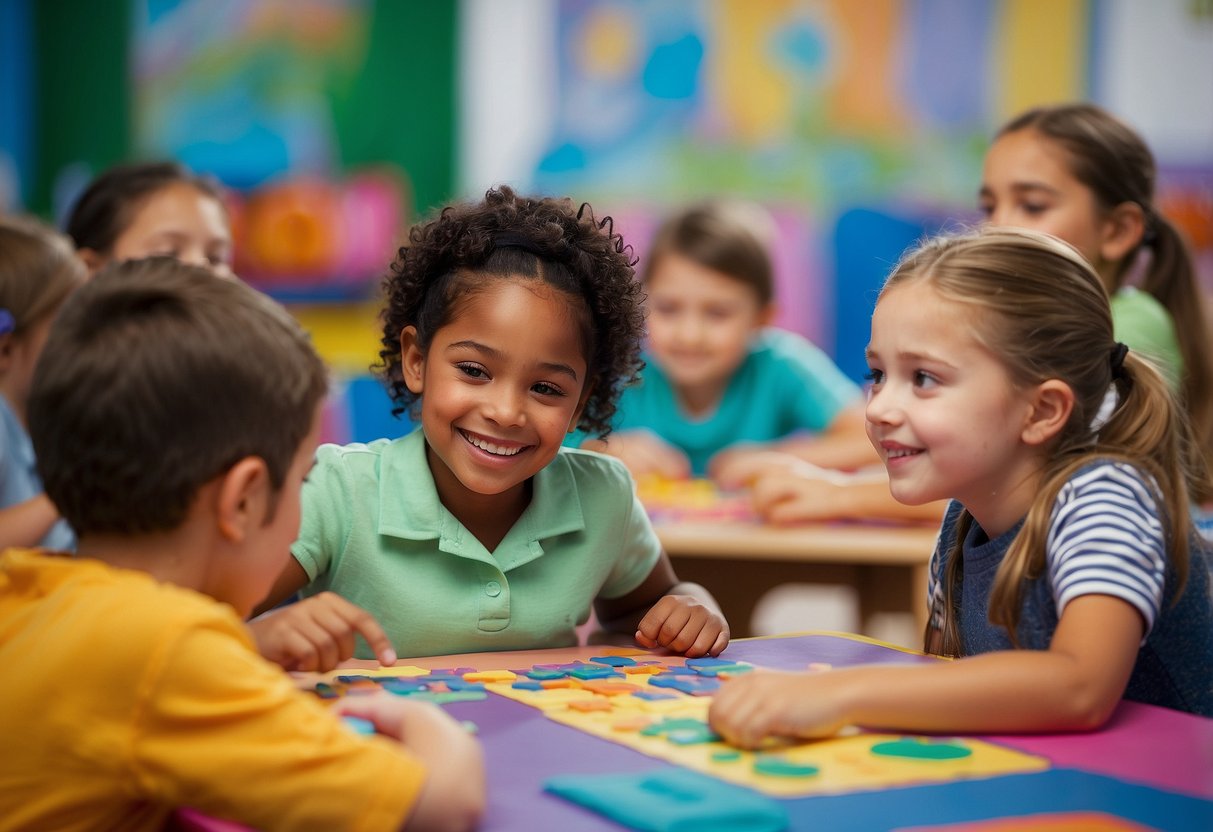 Children engaged in various educational activities such as reading, drawing, and solving puzzles in a bright and colorful classroom setting