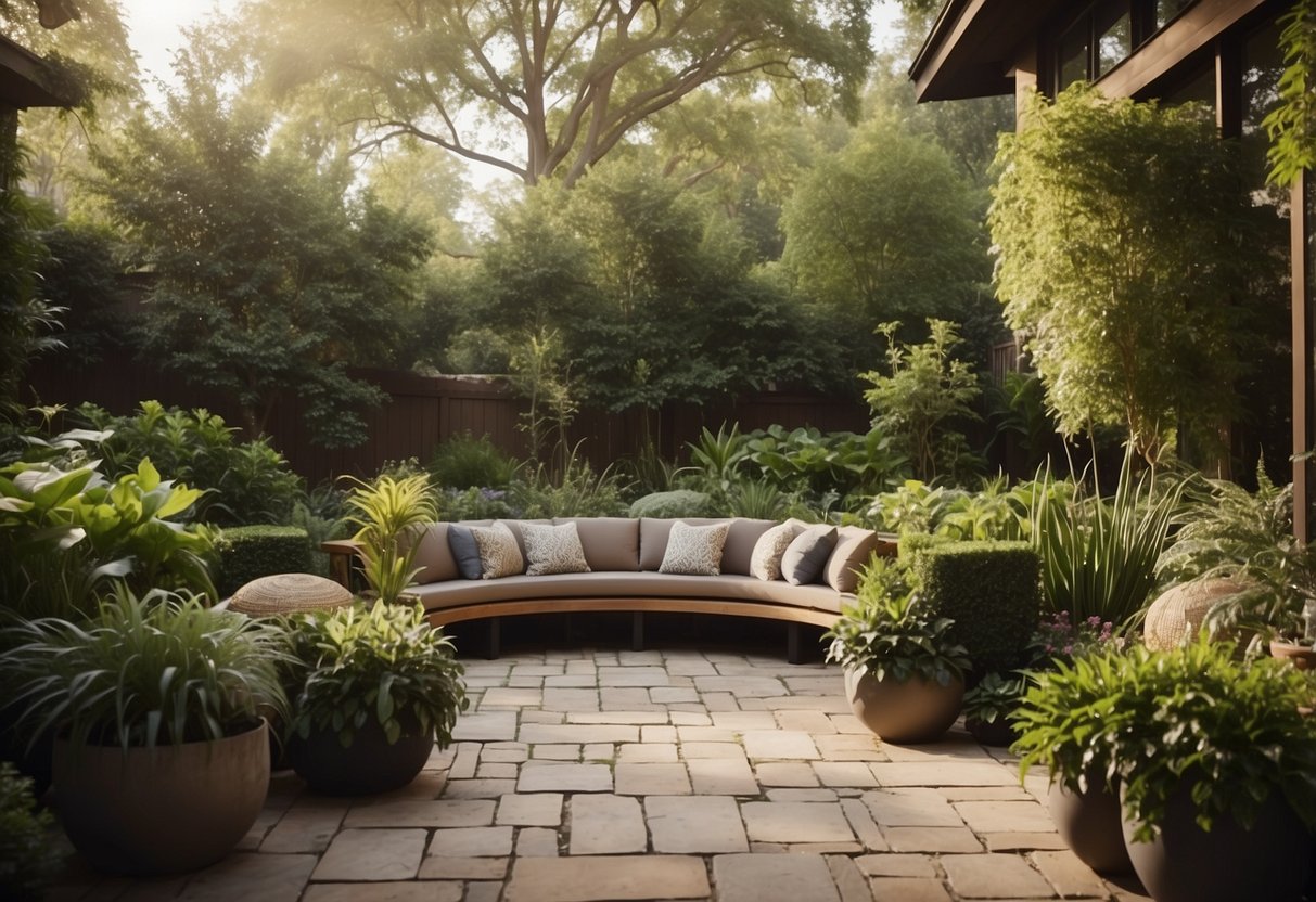 A lush outdoor patio with a variety of plants and trees, cozy seating areas, and decorative landscaping features. The space seamlessly integrates with the natural surroundings, creating a serene and inviting atmosphere