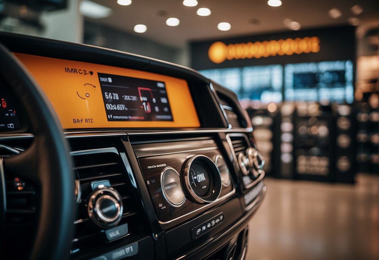A car audio system displayed with promotional signs and discounts in a Singaporean store