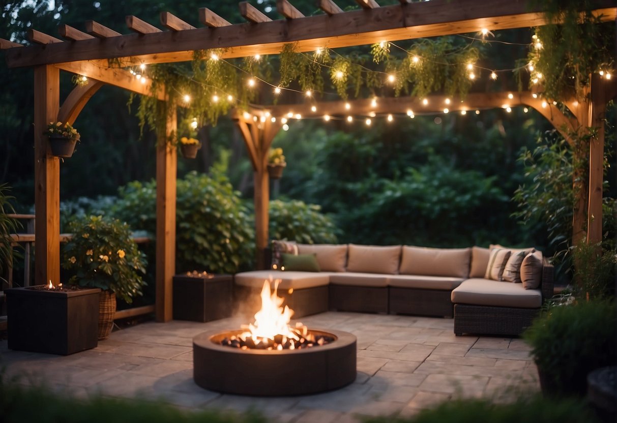 A spacious outdoor patio with a pergola, cozy seating, and a fire pit surrounded by lush greenery and string lights