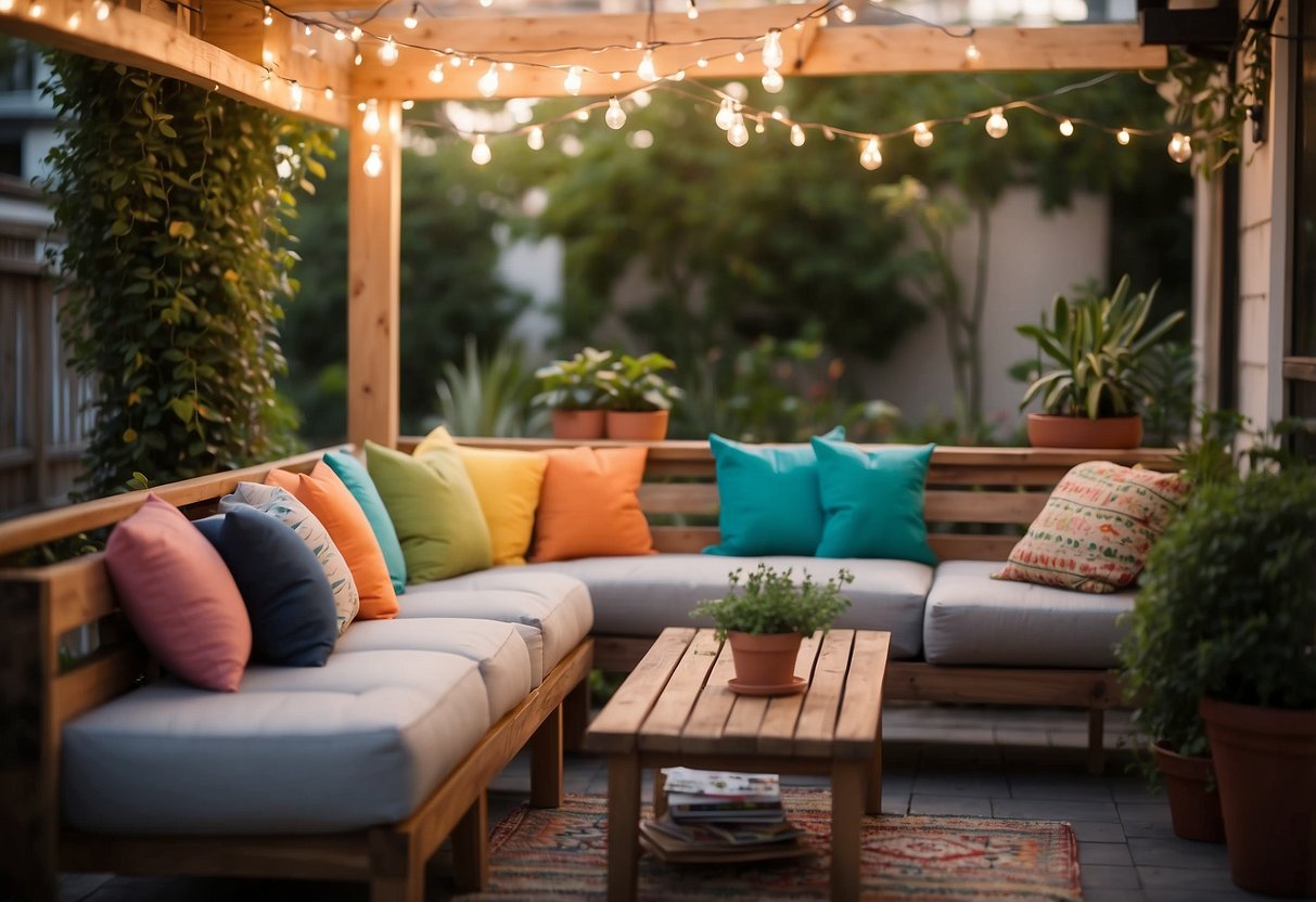 A cozy outdoor patio with string lights, potted plants, and comfortable seating. A wooden table with a colorful tablecloth and decorative pillows add a personal touch