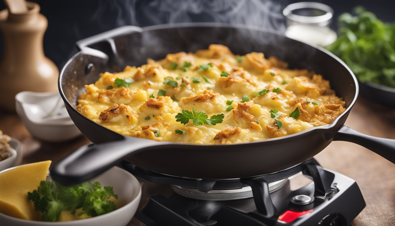 A sizzling pan with golden-brown crab meat omelette, steam rising