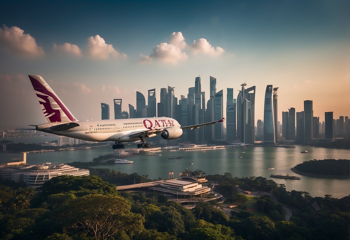 A Qatar Airlines plane flying over the iconic skyline of Singapore, with promotional banners and advertisements visible