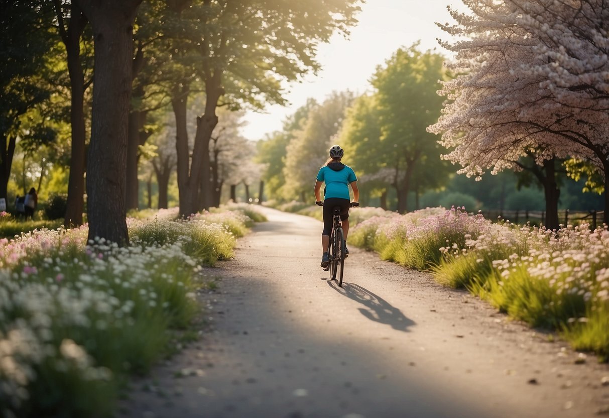 People hiking, biking, and jogging in a park surrounded by blooming flowers and trees