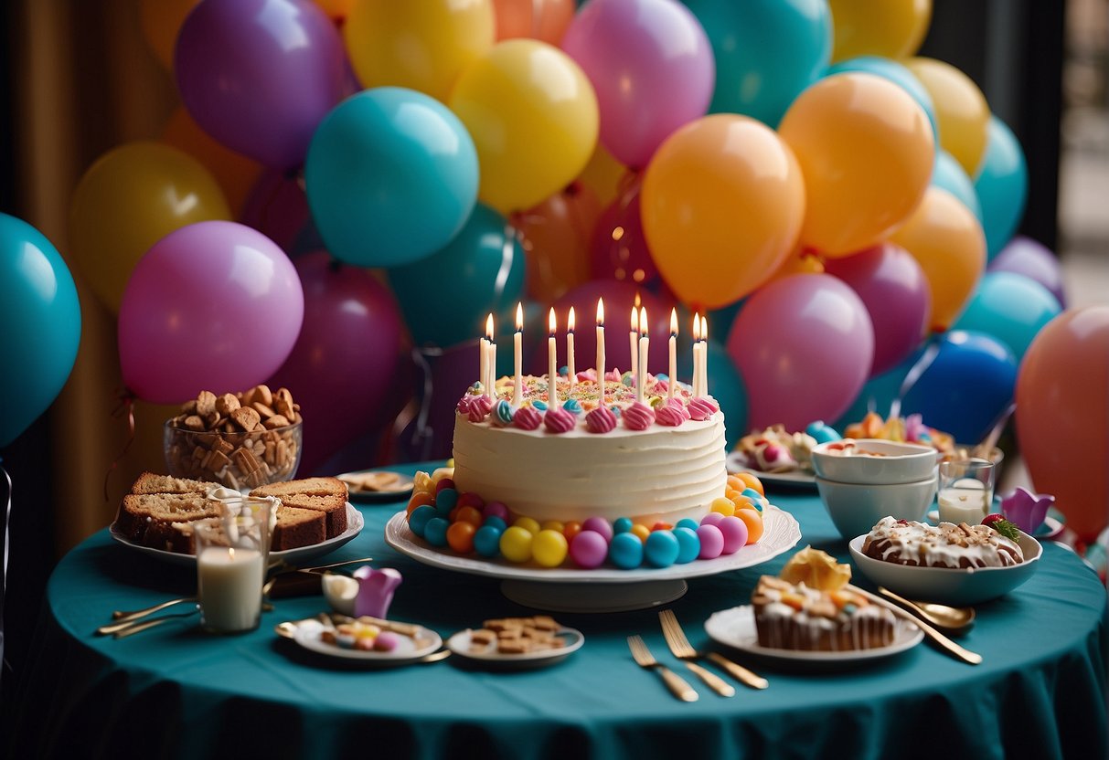 A festive table with colorful decorations and a cake, surrounded by balloons and streamers for a special celebration