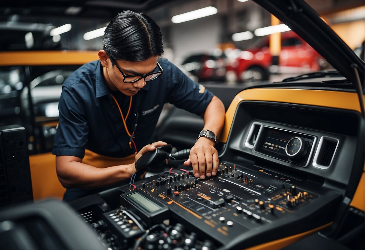 A technician installs car audio equipment in a sleek vehicle at a car audio shop in Singapore