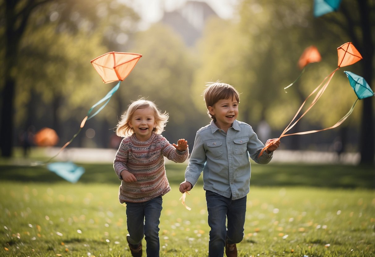 Children flying kites in a blooming park on a sunny April day