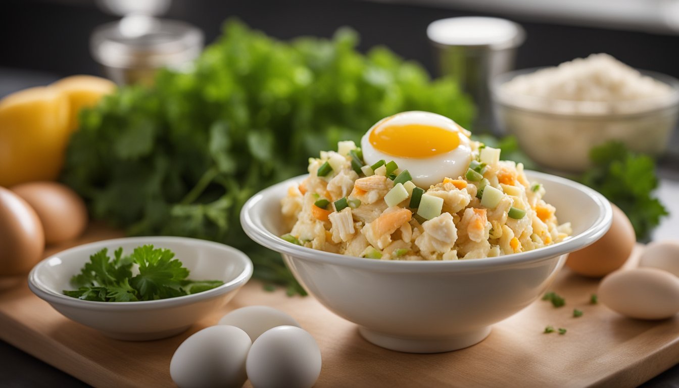 A bowl of crab meat, beaten eggs, and chopped vegetables sit on a kitchen counter, ready to be combined and cooked into a delicious omelette