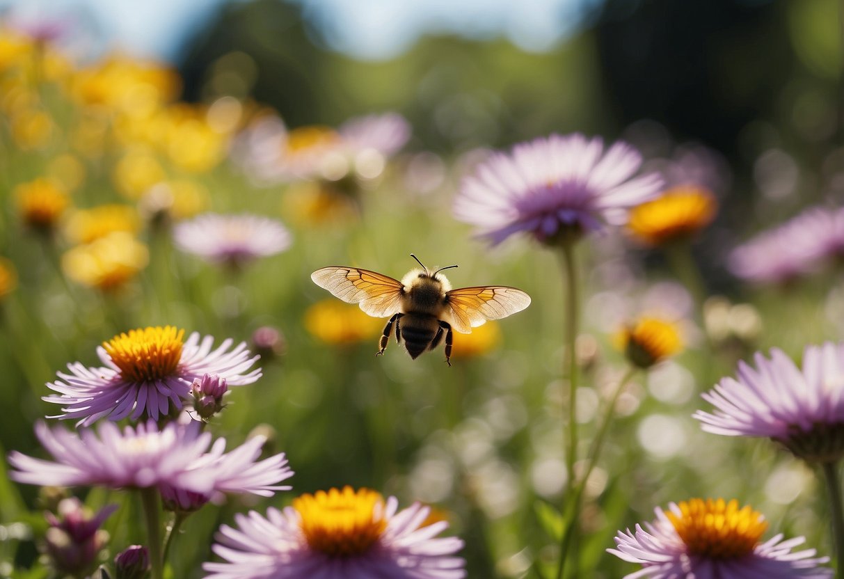 A colorful garden bursting with blooming flowers, buzzing bees, and fluttering butterflies under a bright, sunny sky