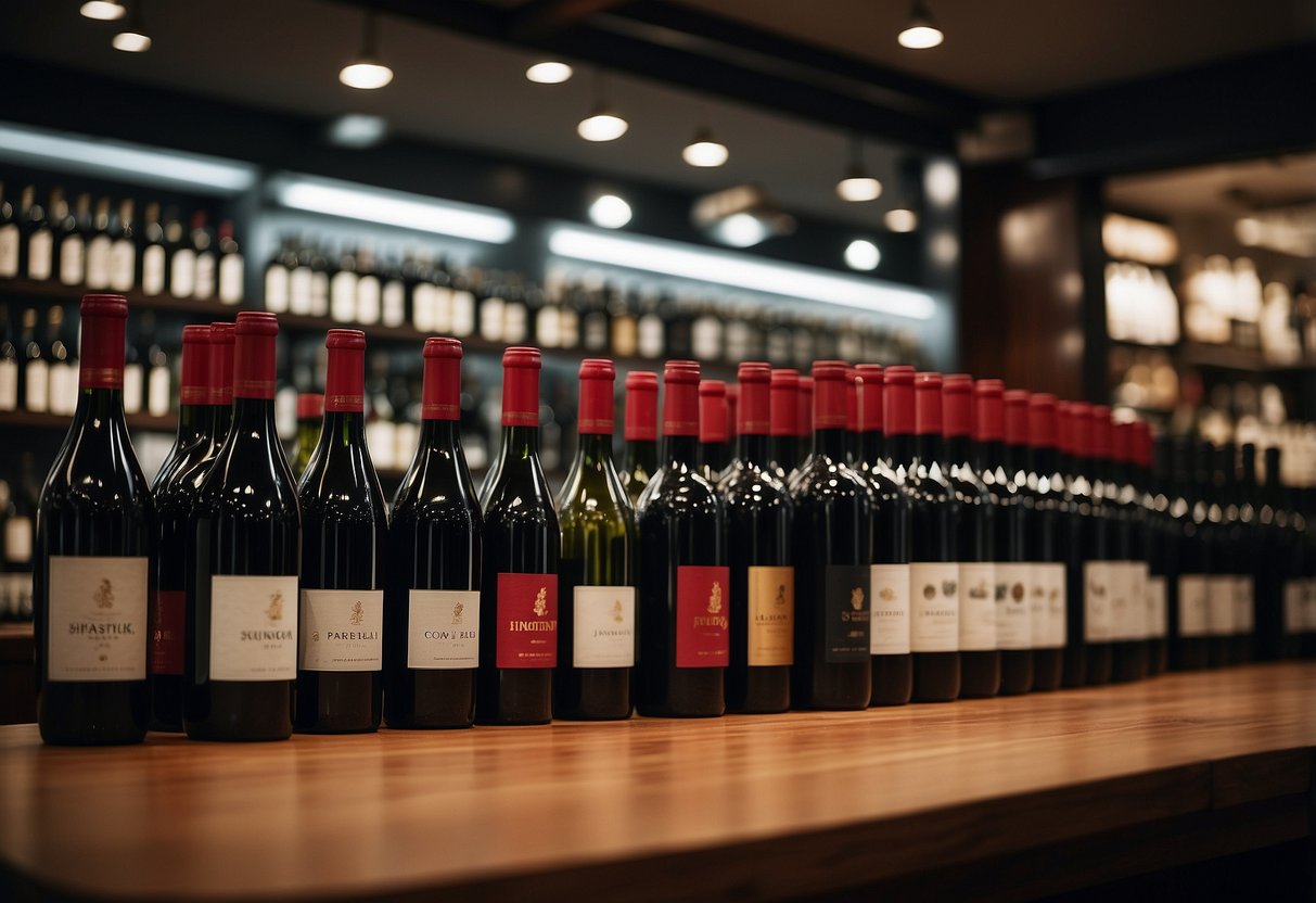 A table with various red wine bottles and promotional materials in a bustling Singaporean wine shop