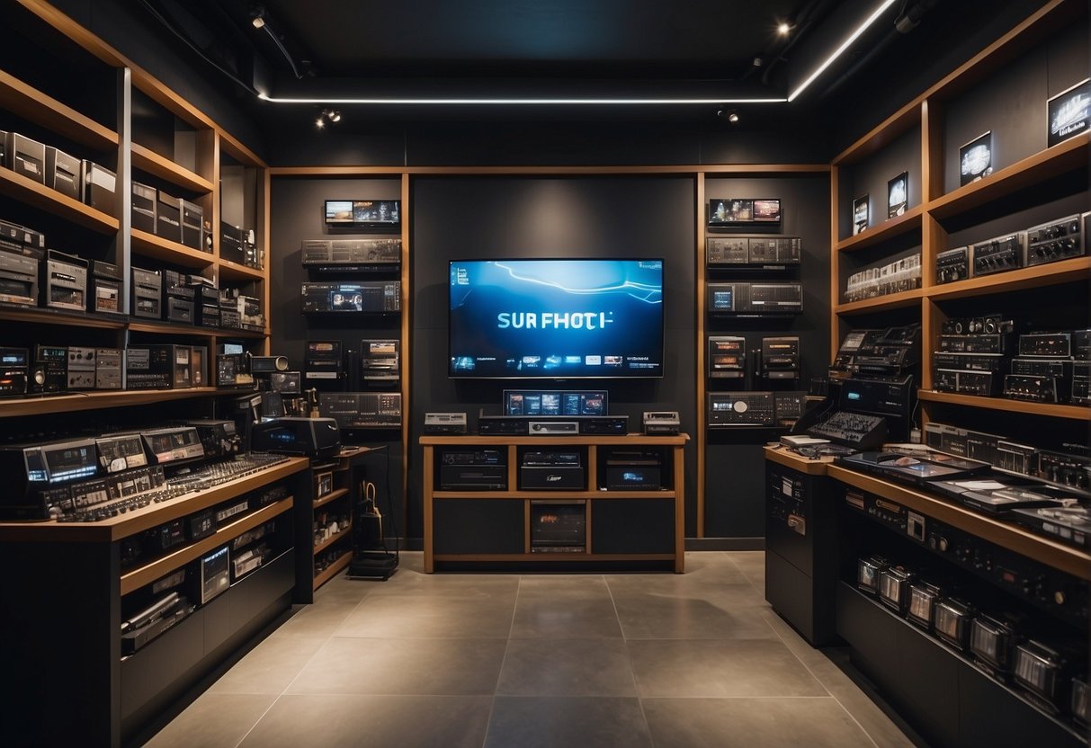 A car audio store in Singapore, with promotional displays and customers asking questions