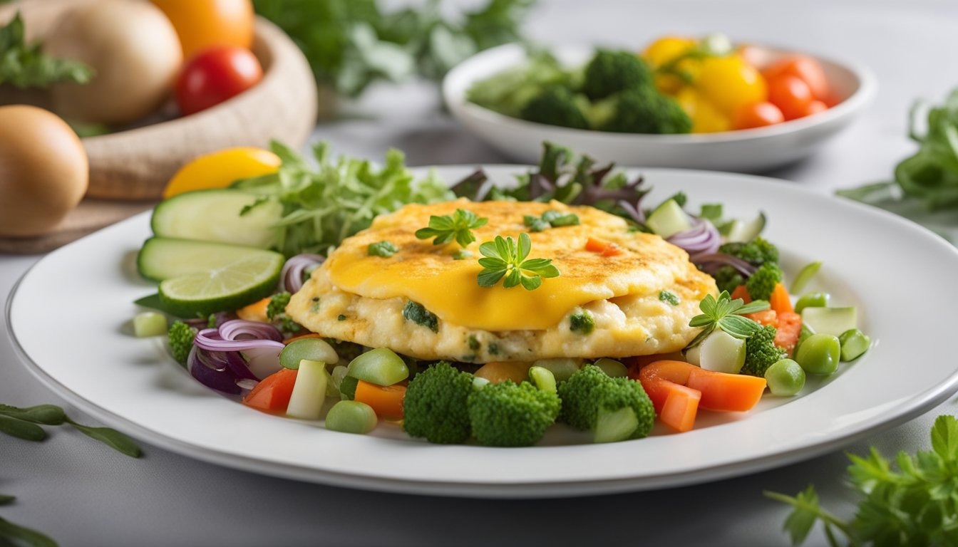 A sizzling omelette filled with succulent crab meat, surrounded by a variety of colorful vegetables and herbs, plated on a pristine white dish