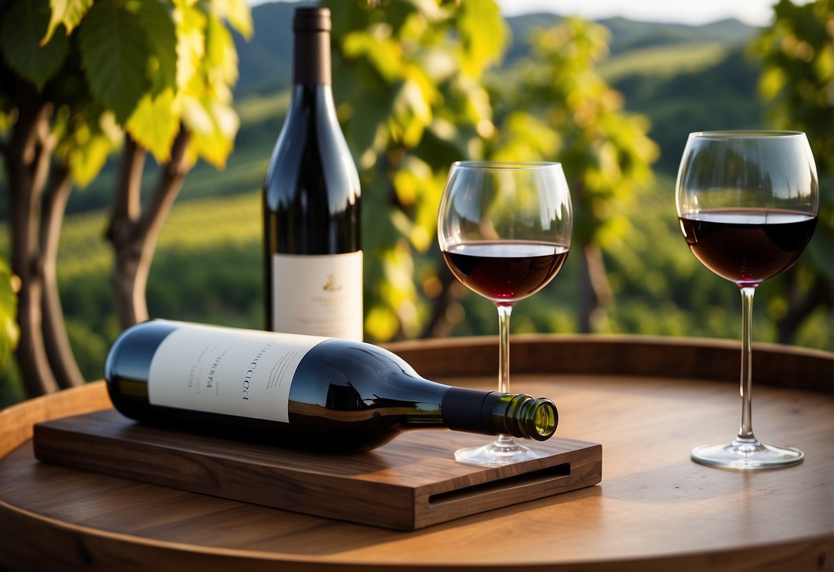 A vibrant wine bottle stands on a sleek display, surrounded by elegant wine glasses and a backdrop of lush vineyards