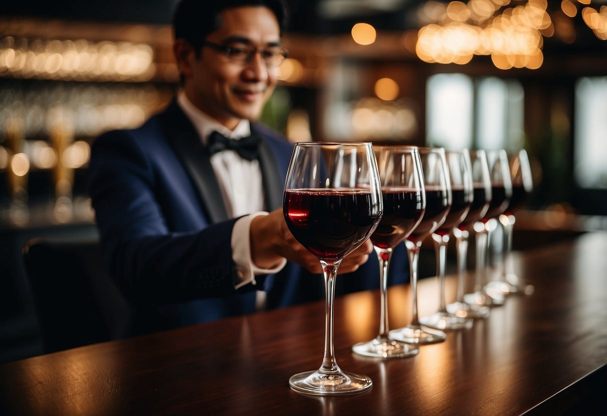 A bartender pours red wine into elegant glasses at a sophisticated event venue in Singapore, showcasing the promotion of exquisite wine selections