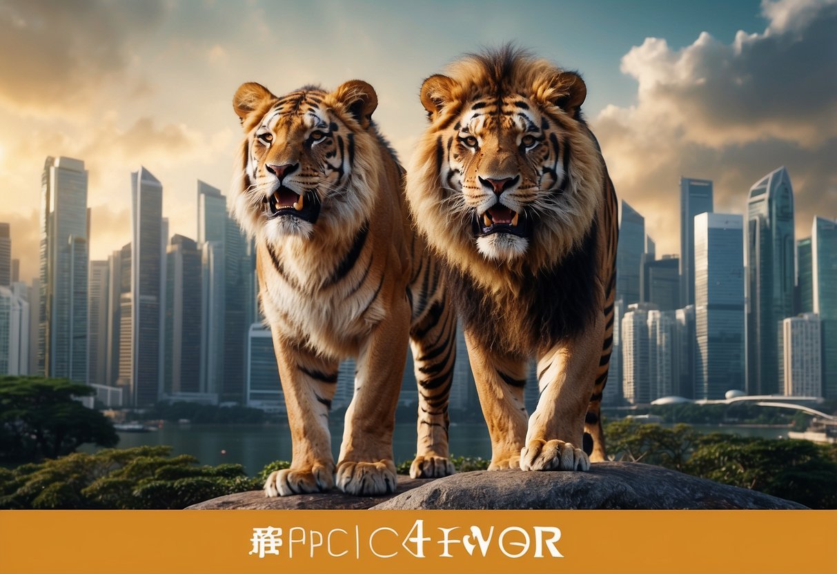 A lion and a tiger stand side by side, roaring fiercely with the city skyline of Singapore in the background. The carnivore promotions logo is displayed prominently in the center of the scene