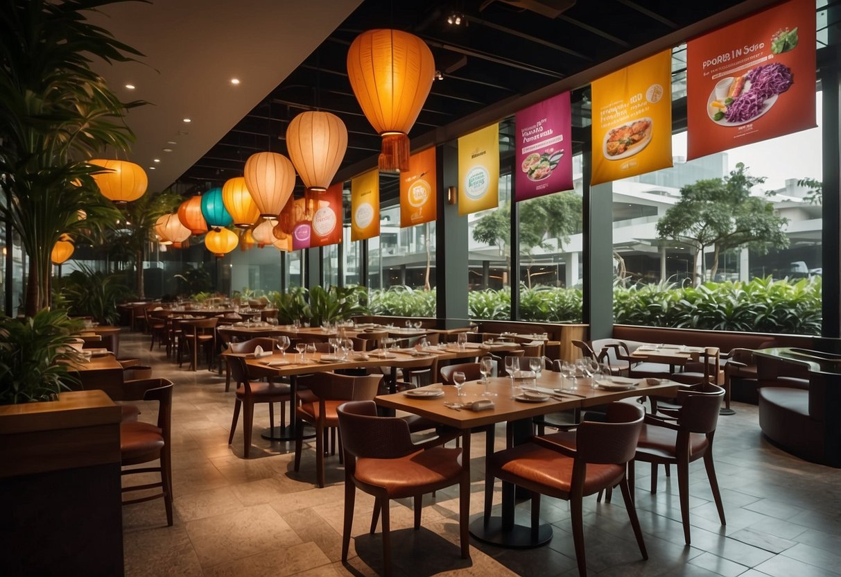 A vibrant restaurant scene with colorful banners advertising upcoming dining promotions in Singapore. Tables set with elegant place settings and tantalizing dishes on display