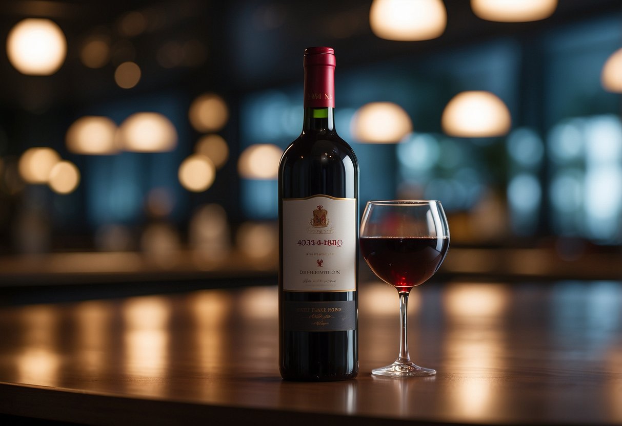 A bottle of red wine with promotional signage in a Singaporean setting