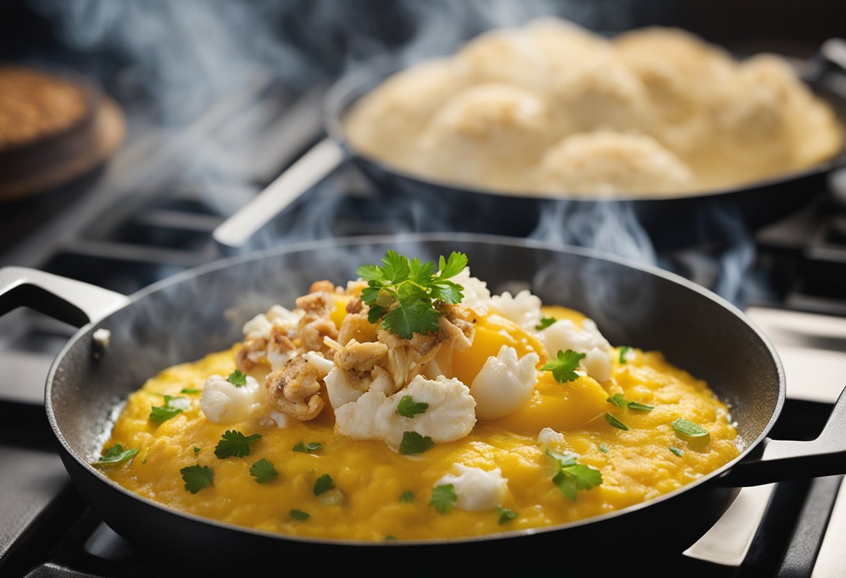 A crab omelette sizzling in a hot pan, with chunks of crab meat and fluffy eggs mixed together, steam rising from the golden surface