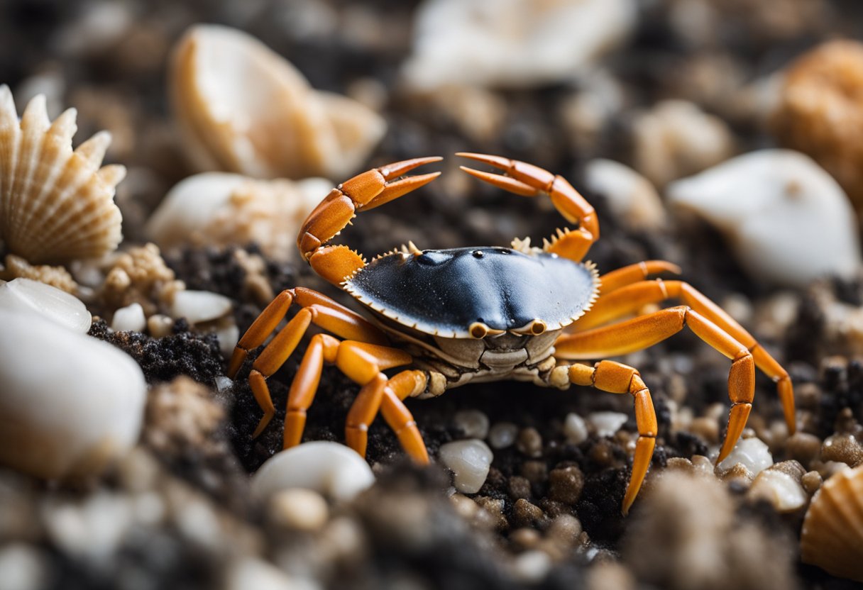 A crab pincer clamps down on a seashell, its sharp edges and textured surface creating a striking contrast