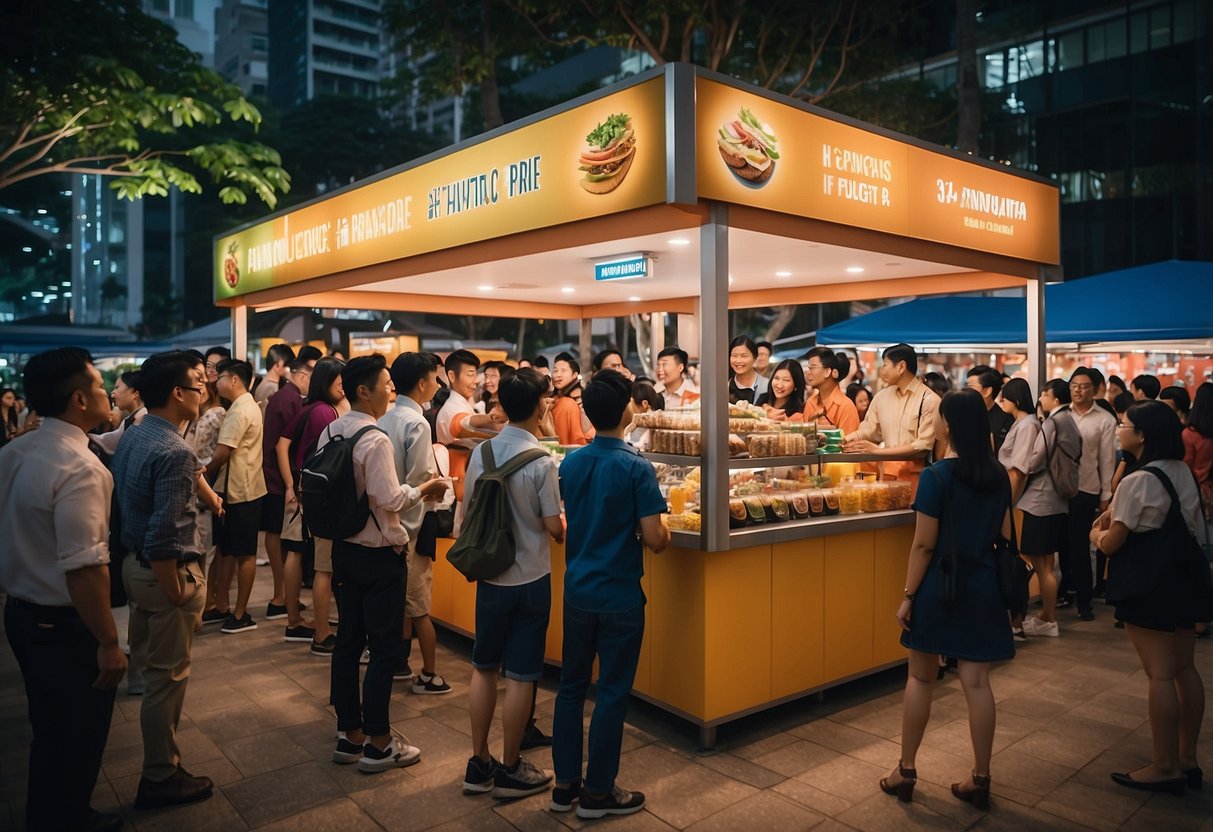 A crowd gathers around a promotional booth in Singapore, eager to ask questions about carnivore products. The booth is adorned with colorful banners and enticing displays