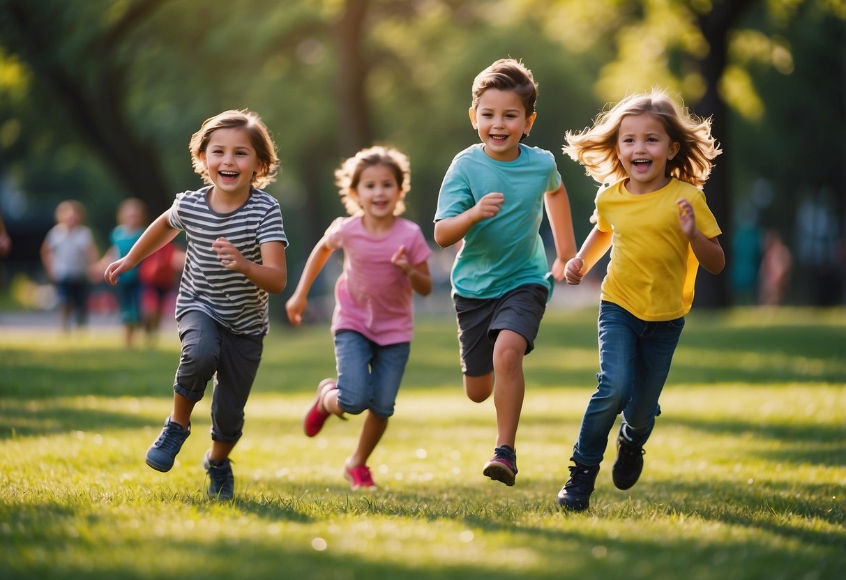 Children playing outdoor games in a sunny park, with bright green grass and colorful playground equipment. Laughter and excitement fill the air as kids run, jump, and play together