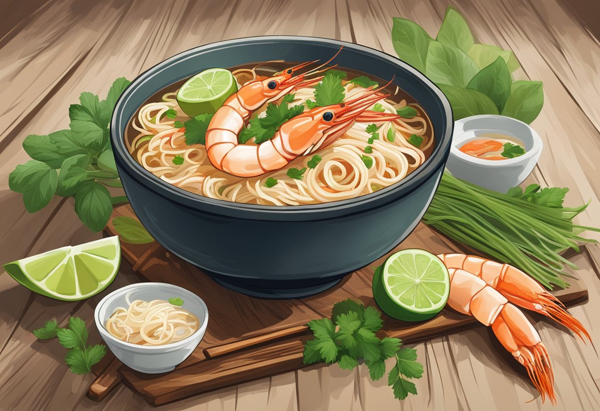 A steaming bowl of prawn noodles sits on a rustic wooden table, surrounded by fresh herbs, chili, and a squeeze of lime. The rich, savory broth glistens with the essence of prawns, while the plump noodles soak up