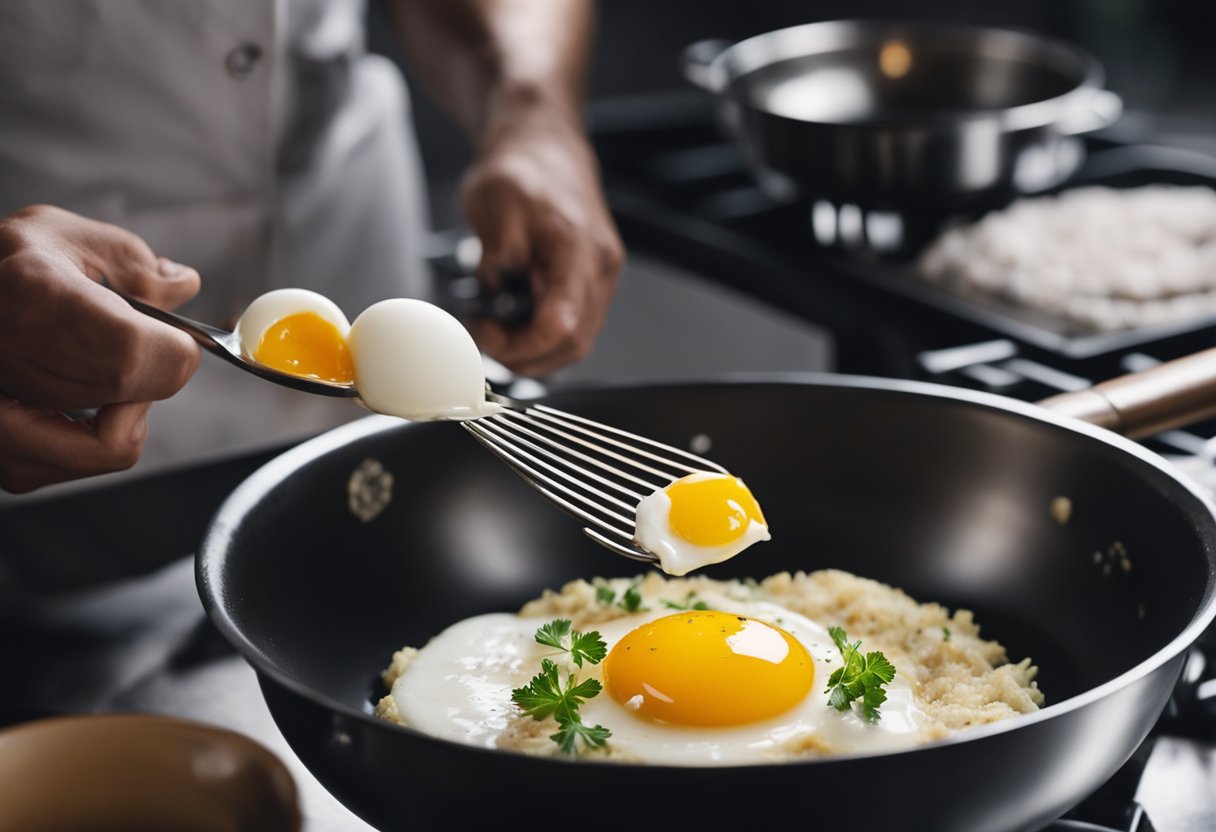 A chef cracks eggs into a bowl, adds crab meat, and whisks the mixture. Then, the chef pours the mixture onto a sizzling pan, flipping it to cook both sides