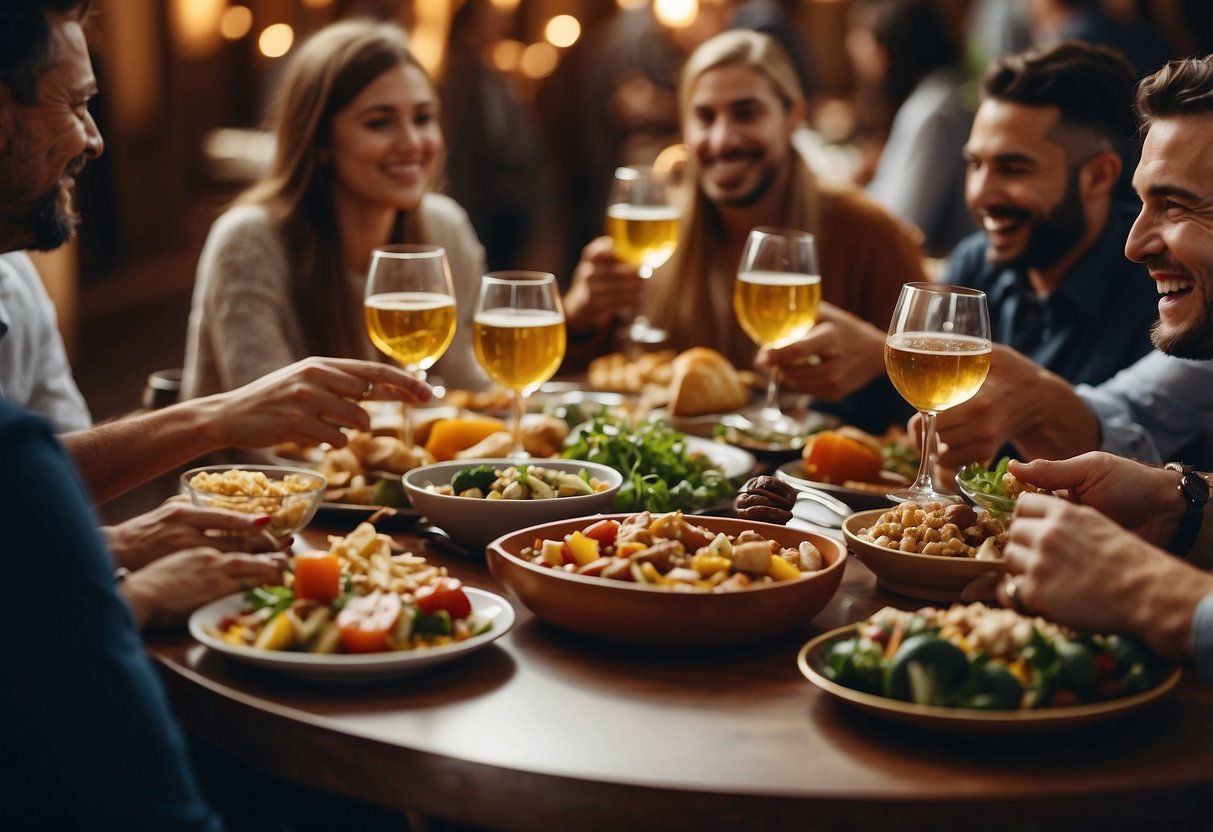 A table filled with diverse foods, surrounded by people laughing and clinking glasses in a festive atmosphere