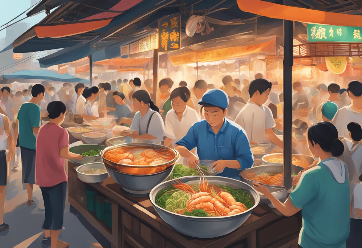 A steaming bowl of famous prawn noodle, surrounded by vibrant market stalls and bustling street vendors