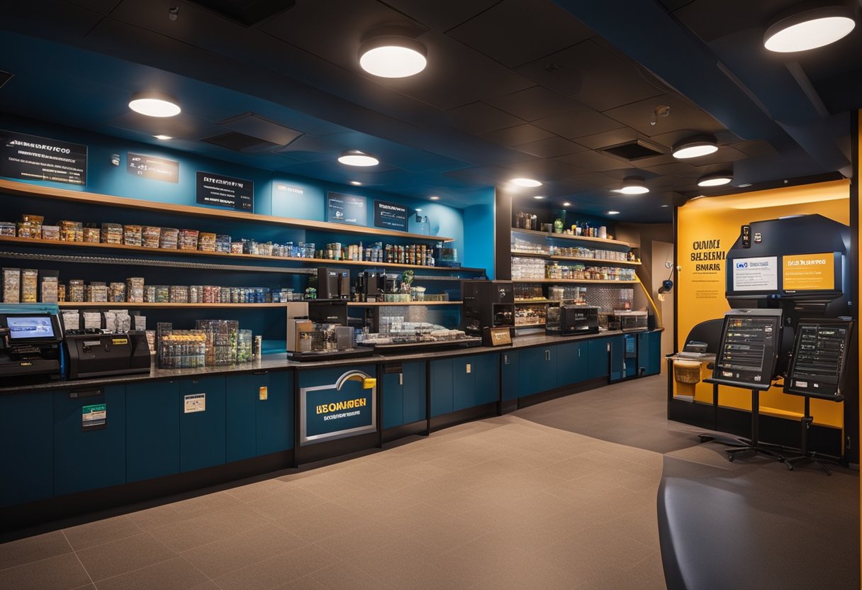 A bright and tidy movie theater with cleaning supplies and equipment. Job posting visible with bold text and company logo