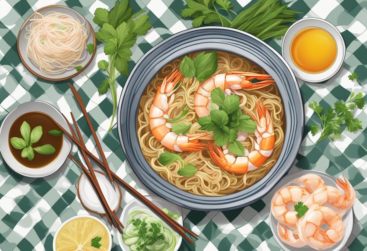 A steaming bowl of famous prawn noodle sits on a checkered tablecloth, surrounded by fresh herbs and condiments. Steam rises from the bowl, and chopsticks rest beside it