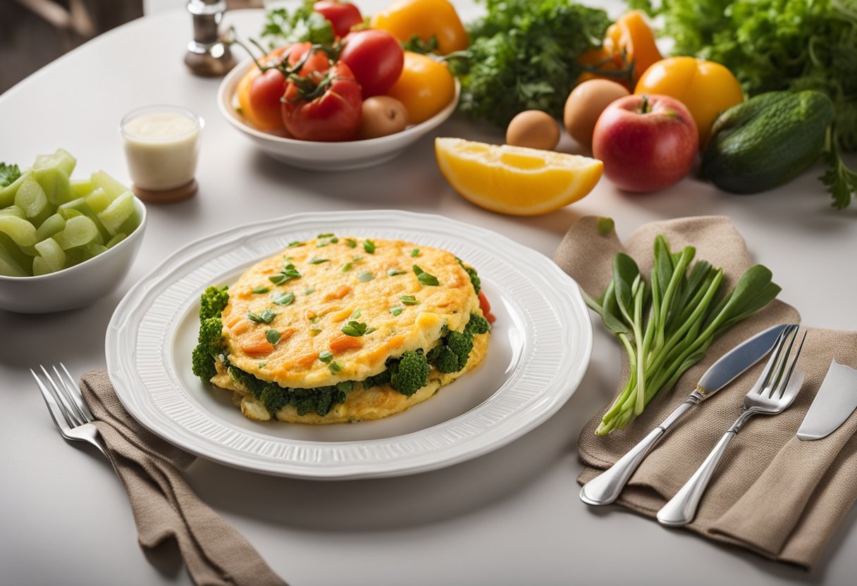 A colorful plate with a crab omelette, surrounded by fresh vegetables and a side of fruit, with a small card displaying nutritional information