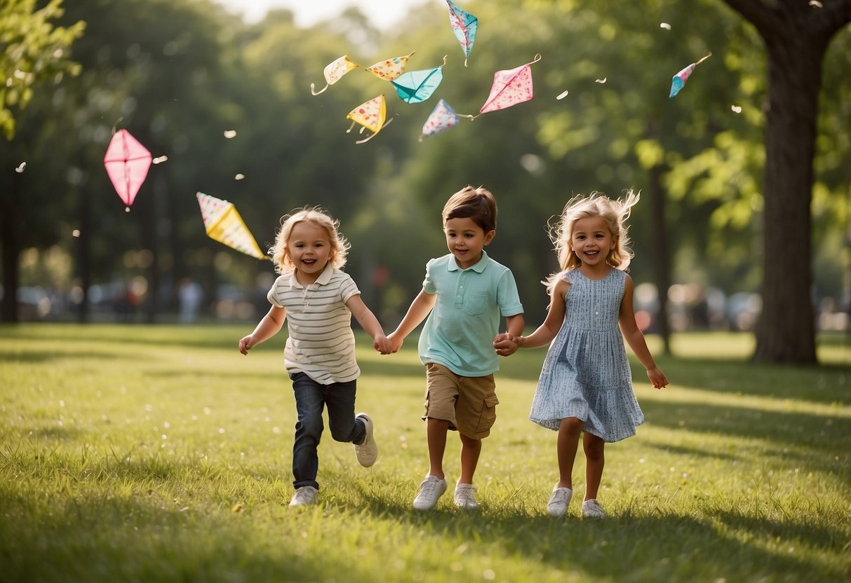 Children playing in a park, flying kites, riding bikes, and having a picnic. Trees in full bloom, birds chirping, and the sun shining