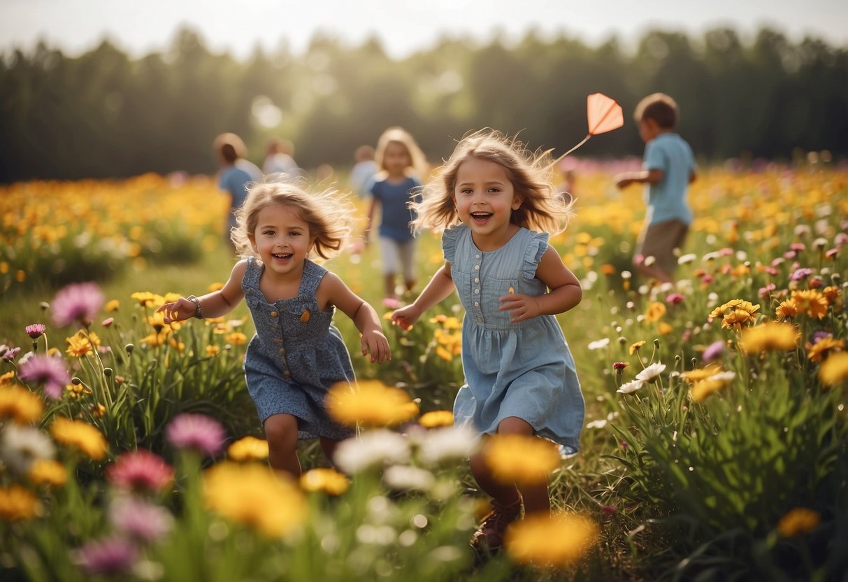 Children playing in a field of colorful flowers, flying kites, and having a picnic under a bright, sunny sky