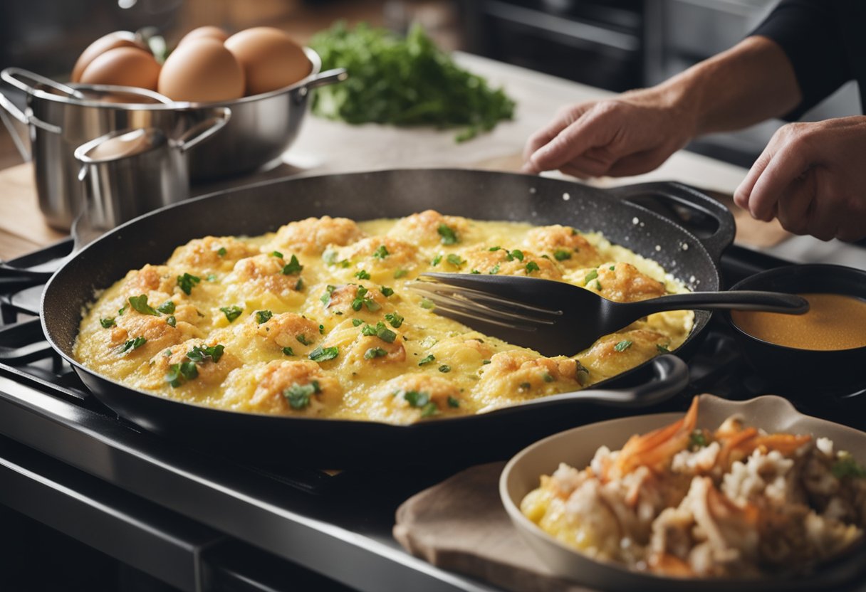 A crab omelette being prepared in a bustling kitchen, with a chef cracking eggs and adding fresh crab meat into a sizzling pan